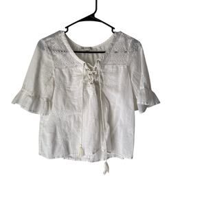 American Eagle White Boho Eyelet‎ Lace-Up Blouse Size Small Cotton